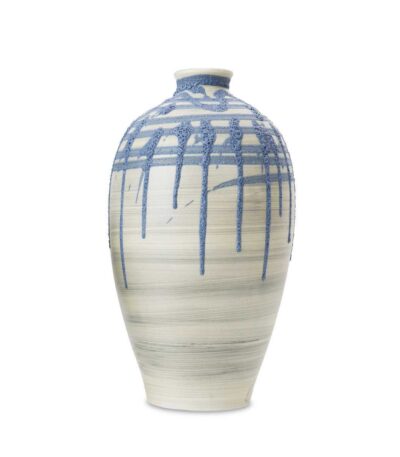 Set of two ivory ceramic vases with textured cornflower blue drip glaze