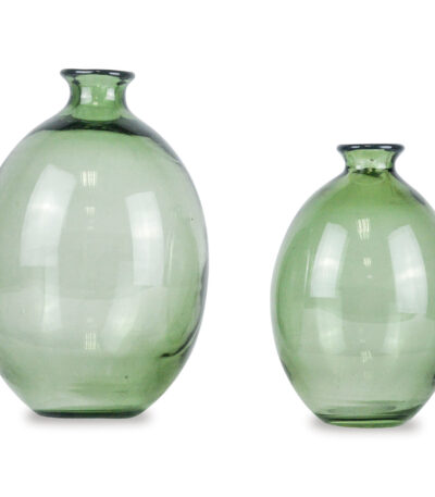 Set of two sage green glass vases with rounded bodies and flared necks