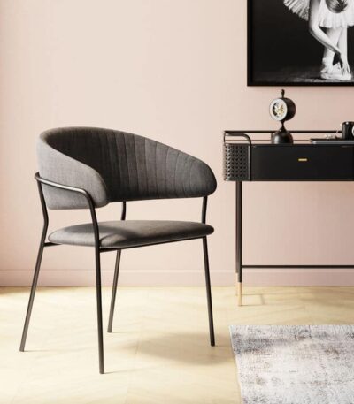 Two Anthracite fabric dining chairs with armrests and black steel legs — view 2