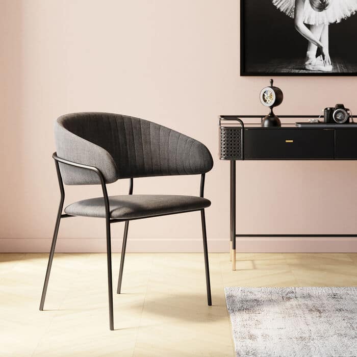 Two Anthracite fabric dining chairs with armrests and black steel legs — view 2