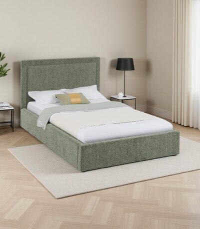 Sage green fabric single storage bed with panel headboard and gas-lift base