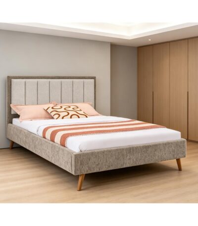 Taupe fabric single bed with channel-tufted oatmeal headboard and wooden legs