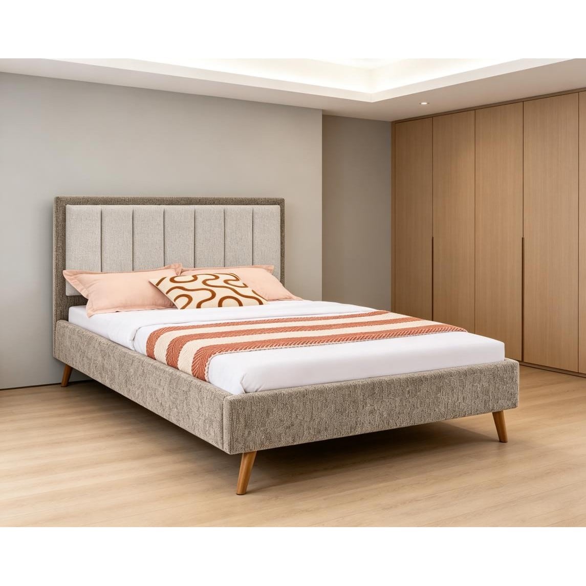 69-30-00007-2.jpg Taupe fabric single bed with channel-tufted oatmeal headboard and wooden legs