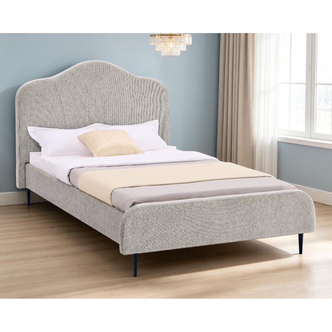 69-30-00008-2.jpg Single upholstered bed with curved camelback headboard in White Wash Grey fabric