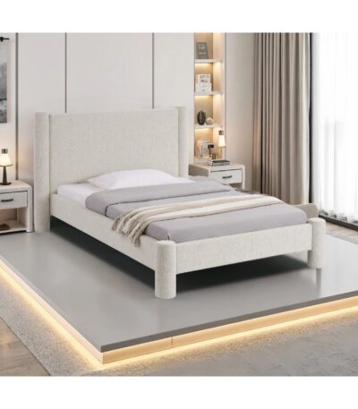 Single upholstered bed with curved wingback headboard in Warm Oatmeal fabric and bolster legs