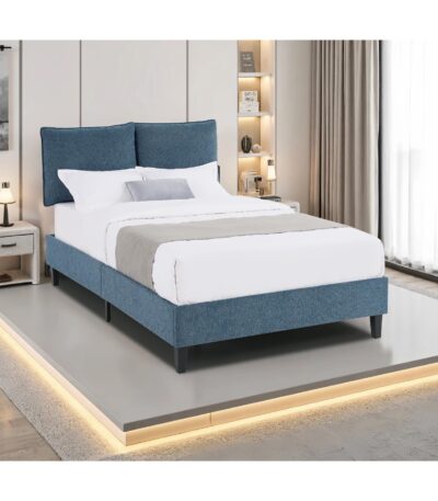 Single upholstered bed with pillow-style headboard in Denim Blue fabric