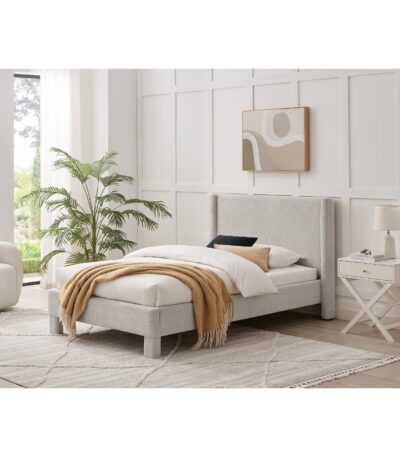 Single upholstered bed with wingback boucle headboard in Warm Beige — view 2
