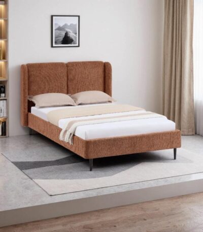 Single upholstered bed with winged headboard in textured Terracotta fabric