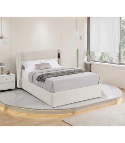 Single upholstered wingback bed in Warm Beige fabric with built-in reading light