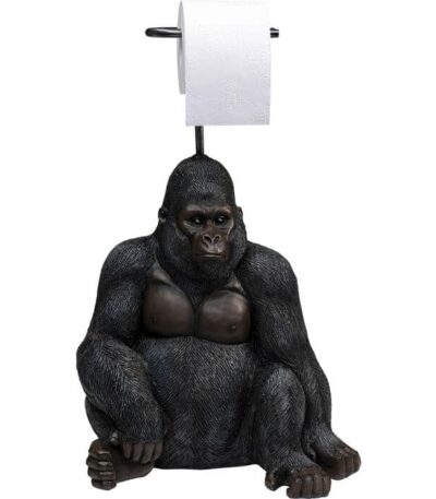 Black and brown polyresin sitting gorilla toilet paper holder with metal bar