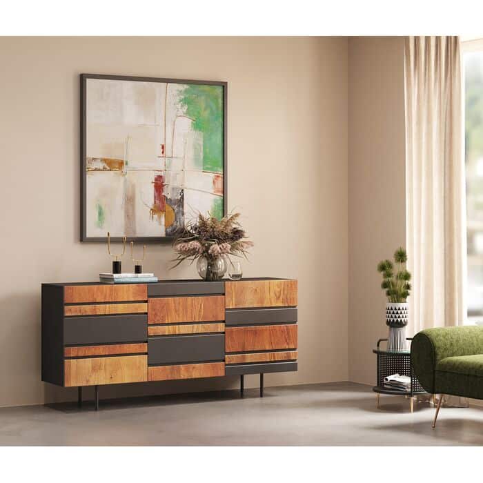Solid mango wood sideboard with striped black finish and metal legs — view 2