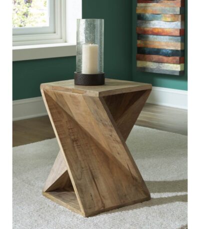 Light brown solid wood accent table with open twist X-shaped base