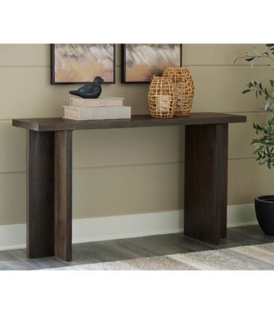 Warm Brown solid wood console table with sculptural panel legs