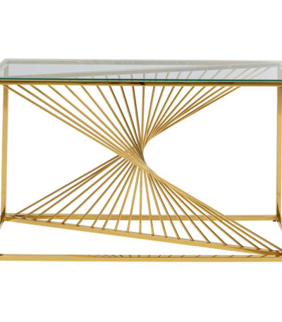 Gold steel spiral-base console table with clear glass top