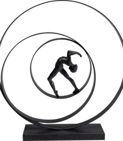 Black metal spiral ring sculpture with acrobat figurine centrepiece on rectangular base