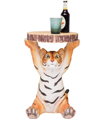 Hand-painted tiger sculpture side table with round wood-look top