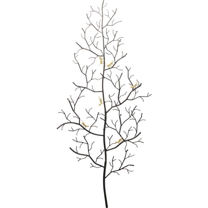 Black steel tree-branch wall coat rack with gilded gold ant details