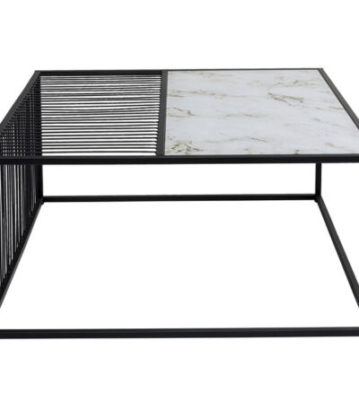 White marble-look glass coffee table with black steel wire base and open frame