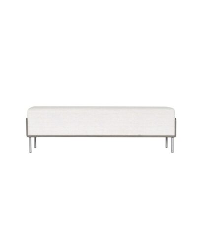 Ivory upholstered fabric bench with taupe grey side panels and slim metal legs