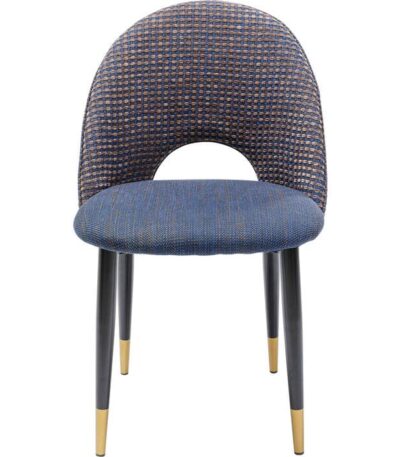 Multicolour woven fabric dining chair with rounded back and gold-tipped black steel legs