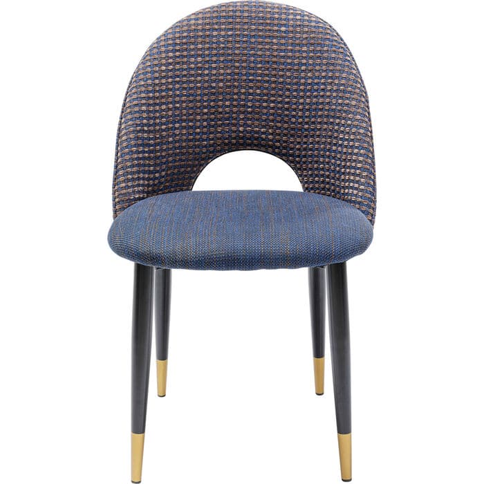 Multicolour woven fabric dining chair with rounded back and gold-tipped black steel legs