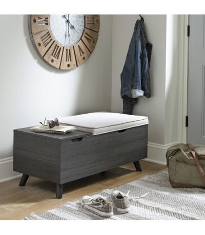 Dark grey wood-grain storage bench with cushioned lid and hidden compartment