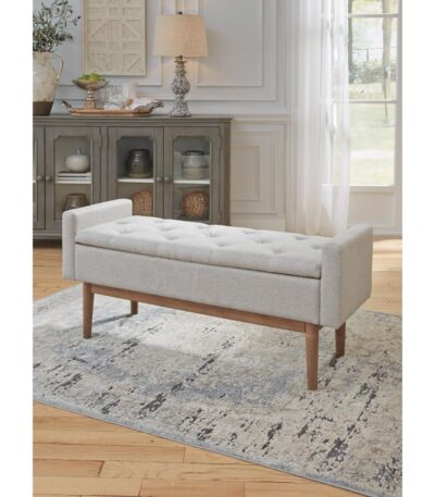Warm Beige tufted fabric storage bench with wooden legs and hinged lid