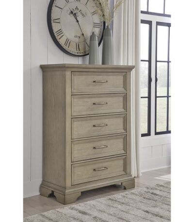 Ash Grey acacia wood 5-drawer chest with aged bronze-tone hardware