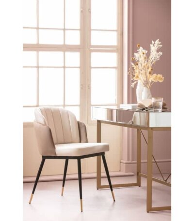 Taupe and ivory velvet dining chair with black steel brass-tipped legs