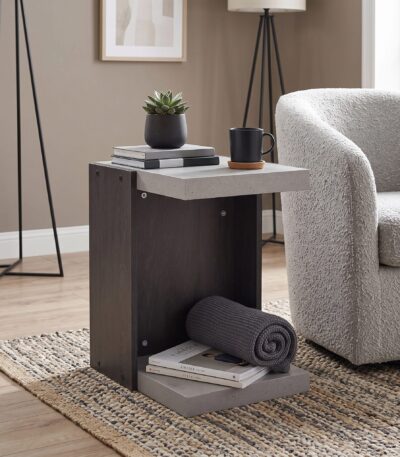 Black Oak and Cement-look side table with open C-shaped frame and lower shelf