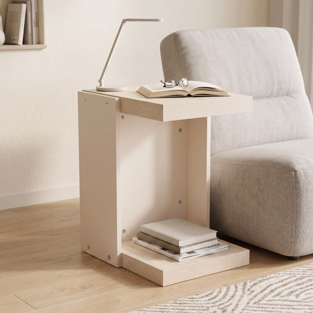 Travertine-look C-shaped side table with open lower shelf