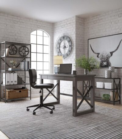 Grayish brown wood-look office desk with drawer and black metal X-frame bracing