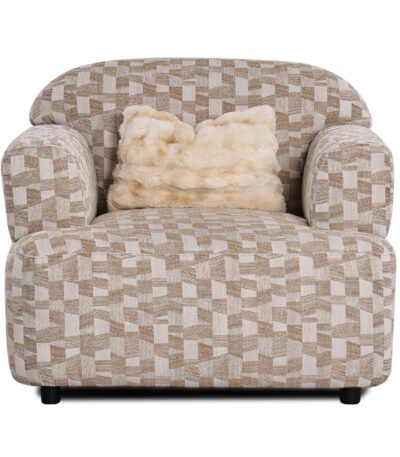 Warm oatmeal woven fabric sofa chair with rolled arms and faux fur cushion