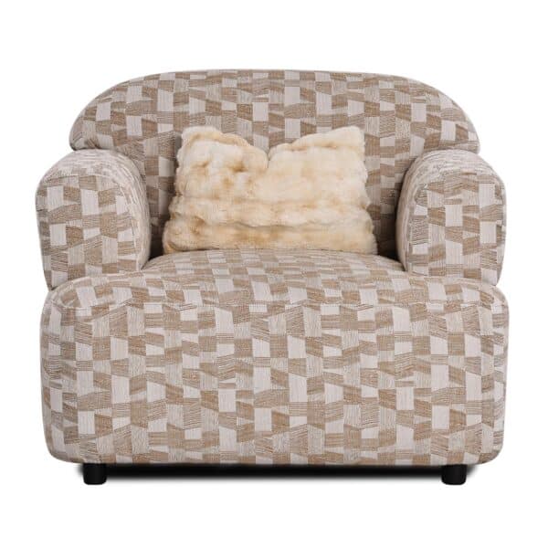 Warm oatmeal woven fabric sofa chair with rolled arms and faux fur cushion