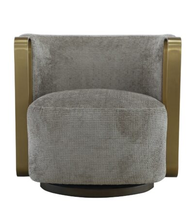 Warm grey woven fabric sofa chair with brushed brass frame and swivel base