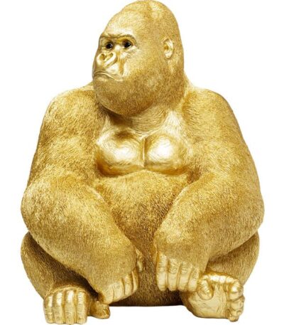 XL gold polyresin gorilla figurine seated with textured sculpted fur