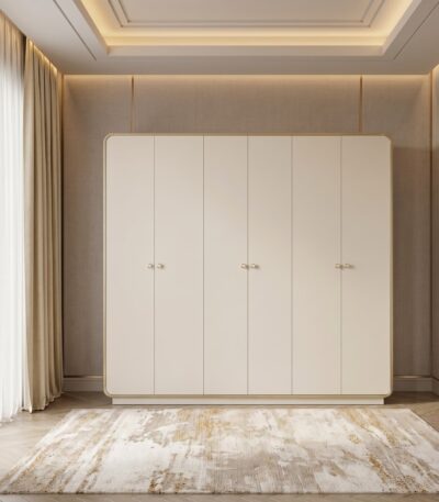 Warm Ivory six-door wardrobe with brass-toned trim and rounded corners