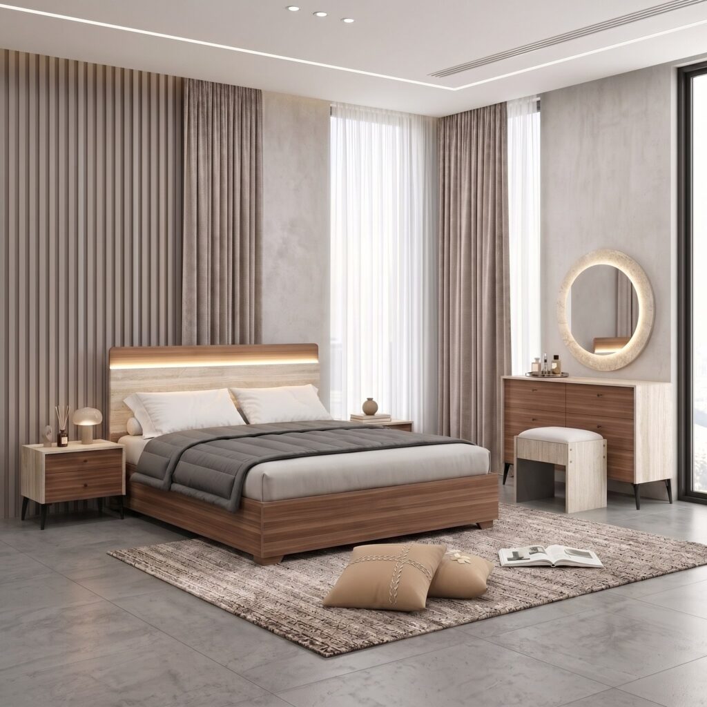 King bed with Walnut and Sand panel headboard in a coordinated 6-piece bedroom set