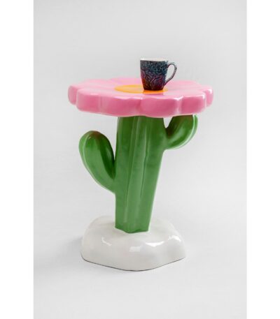 Pink flower-topped green cactus side table in glossy handcrafted polyresin