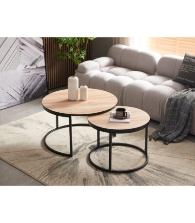 Round nesting coffee table set in Natural Oak wood-look with black metal drum base
