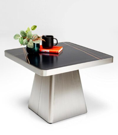 Square side table with Charcoal Grey mineral marble-look top and brushed steel pedestal base