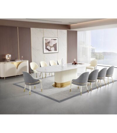 Oval Marble-Look dining table with gold pedestal base and ten Ivory and Grey upholstered chairs