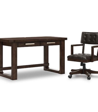 Dark brown wood office desk with two drawers and trestle base — view 3