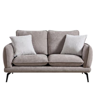 Warm taupe chenille 2 seater loveseat with track arms and black metal legs
