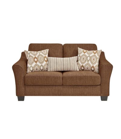 Chestnut Brown herringbone fabric loveseat with patterned scatter cushions