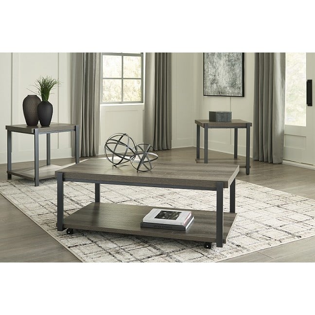Weathered Grey wood-look coffee table with metal frame and lower shelf