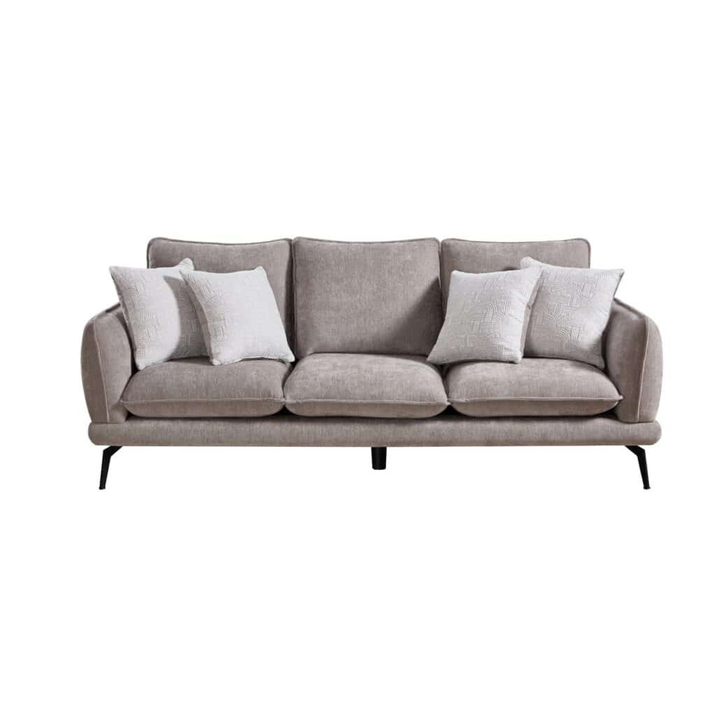 Warm taupe chenille 3 seater sofa with patterned ivory scatter cushions and black metal legs