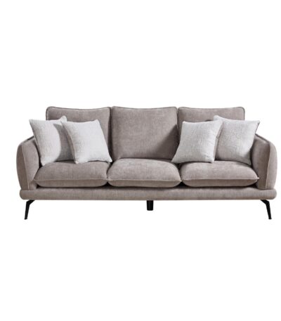Warm taupe chenille 3 seater sofa with patterned ivory scatter cushions and black metal legs