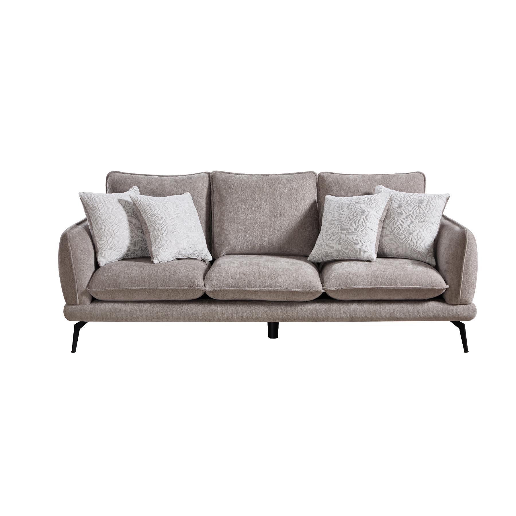 01-02-00671-4.jpg Warm taupe chenille 3 seater sofa with patterned ivory scatter cushions and black metal legs