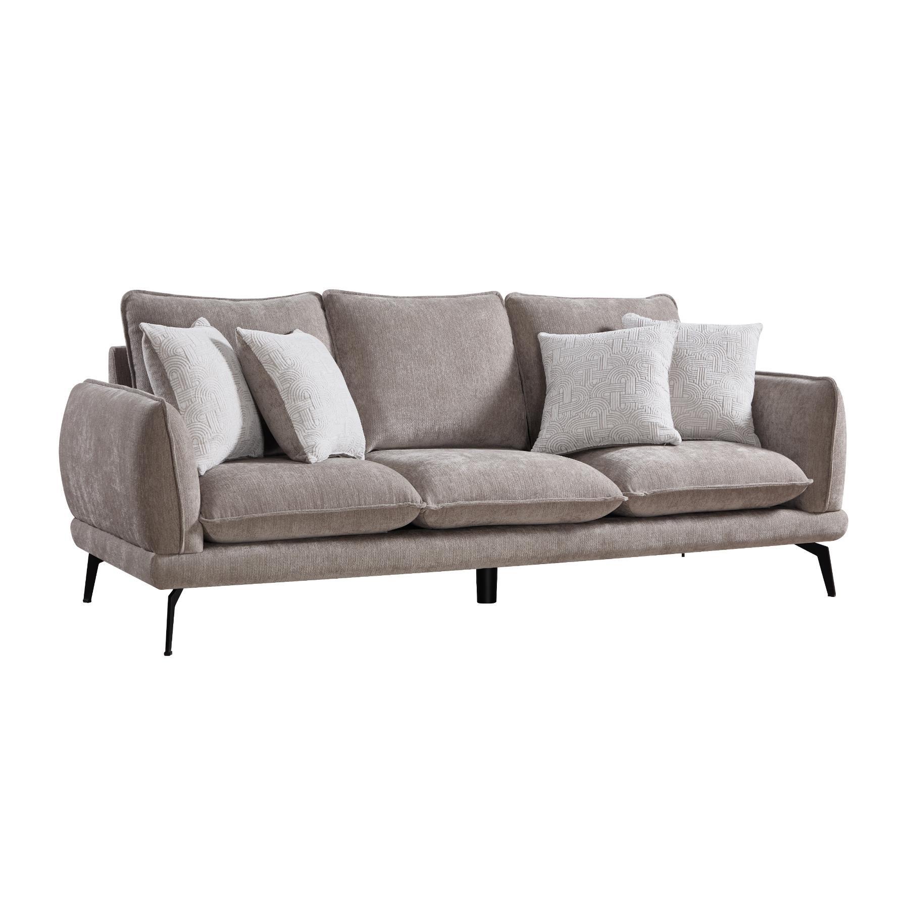 01-02-00671-6.jpg Warm taupe chenille 3 seater sofa with patterned ivory scatter cushions and black metal legs — view 2